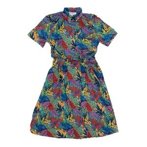 Vintage 80s Tareti Petites Retro Abstract Multicolor Button Up Collared Dress